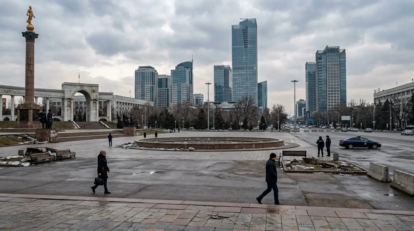 Vue de la place de la République à Almaty, théâtre des émeutes de janvier 2022, avec en arrière-plan les tours de bureaux du quartier des affaires kazakh.