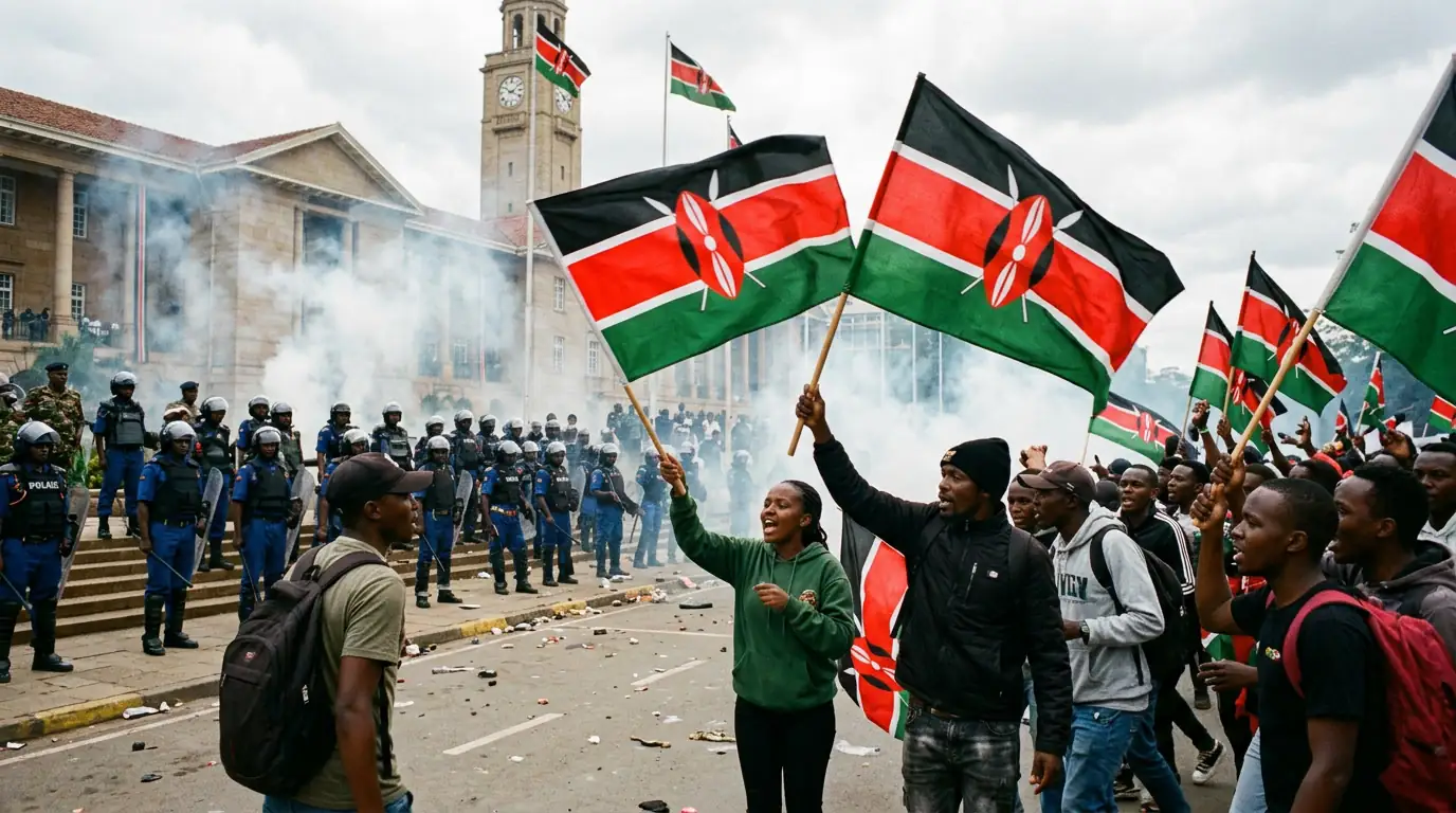 Jeunes manifestants kényans brandissant des drapeaux nationaux face à un cordon de police devant le Parlement de Nairobi, fumée de gaz lacrymogène en arrière-plan.