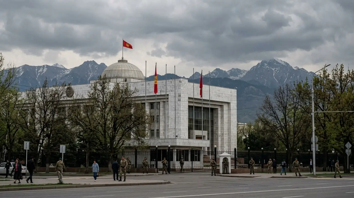 Vue du palais présidentiel à Bichkek, capitale du Kirghizistan, sous un ciel de montagne, symbole de la concentration du pouvoir présidentiel.