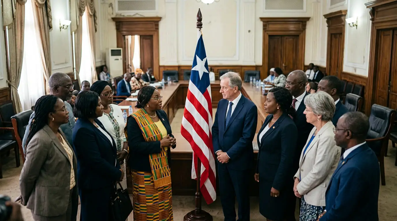 Des diplomates et des femmes leaders réunis dans une salle du ministère des Affaires étrangères à Monrovia autour du drapeau libérien.