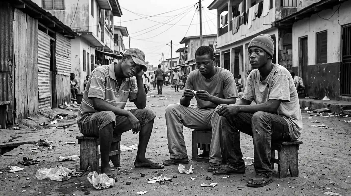 Jeunes hommes dans un quartier défavorisé de Monrovia, Liberia, au milieu d'une crise des drogues de synthèse ravageant l'Afrique de l'Ouest
