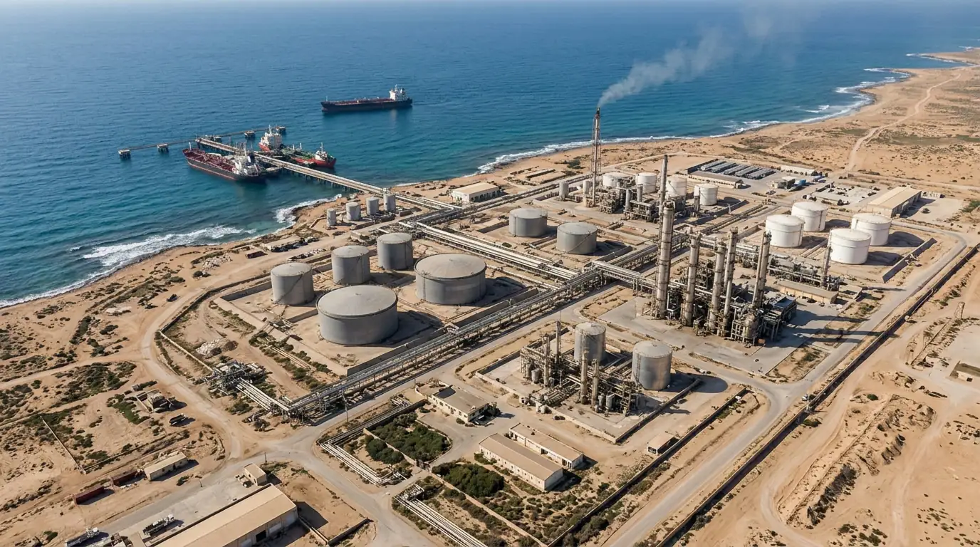 Vue aérienne du complexe pétrolier et gazier de Mellitah, en Libye occidentale, sur la côte méditerranéenne