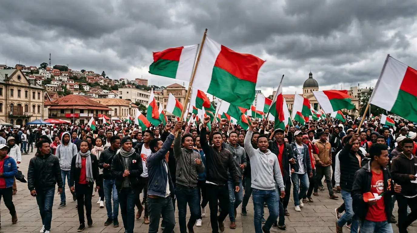 Foule de jeunes manifestants brandissant des drapeaux malgaches sur une grande place d'Antananarivo, sous un ciel chargé.