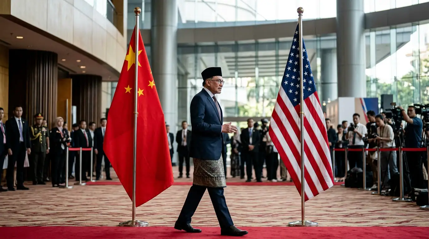 Le Premier ministre malaisien Anwar Ibrahim sur fond de drapeaux chinois et américain, symbole d'une diplomatie d'équilibre.
