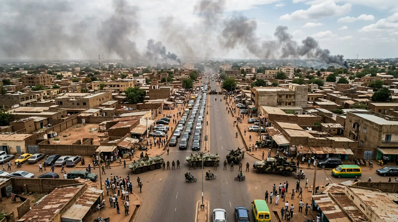 Vue aérienne de Bamako sous un ciel de fumée, véhicules militaires bloquant une avenue principale après les attaques du 25 avril 2026