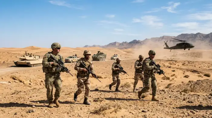Des soldats américains et marocains s'entraînent côte à côte dans le désert près de Tan-Tan, lors de l'exercice African Lion, blindés et hélicoptère en arrière-plan sous un ciel clair.