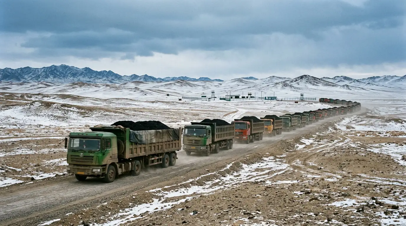 Convoi de camions chargés de charbon traversant le désert de Gobi vers la frontière chinoise, sous un ciel d'hiver mongol.
