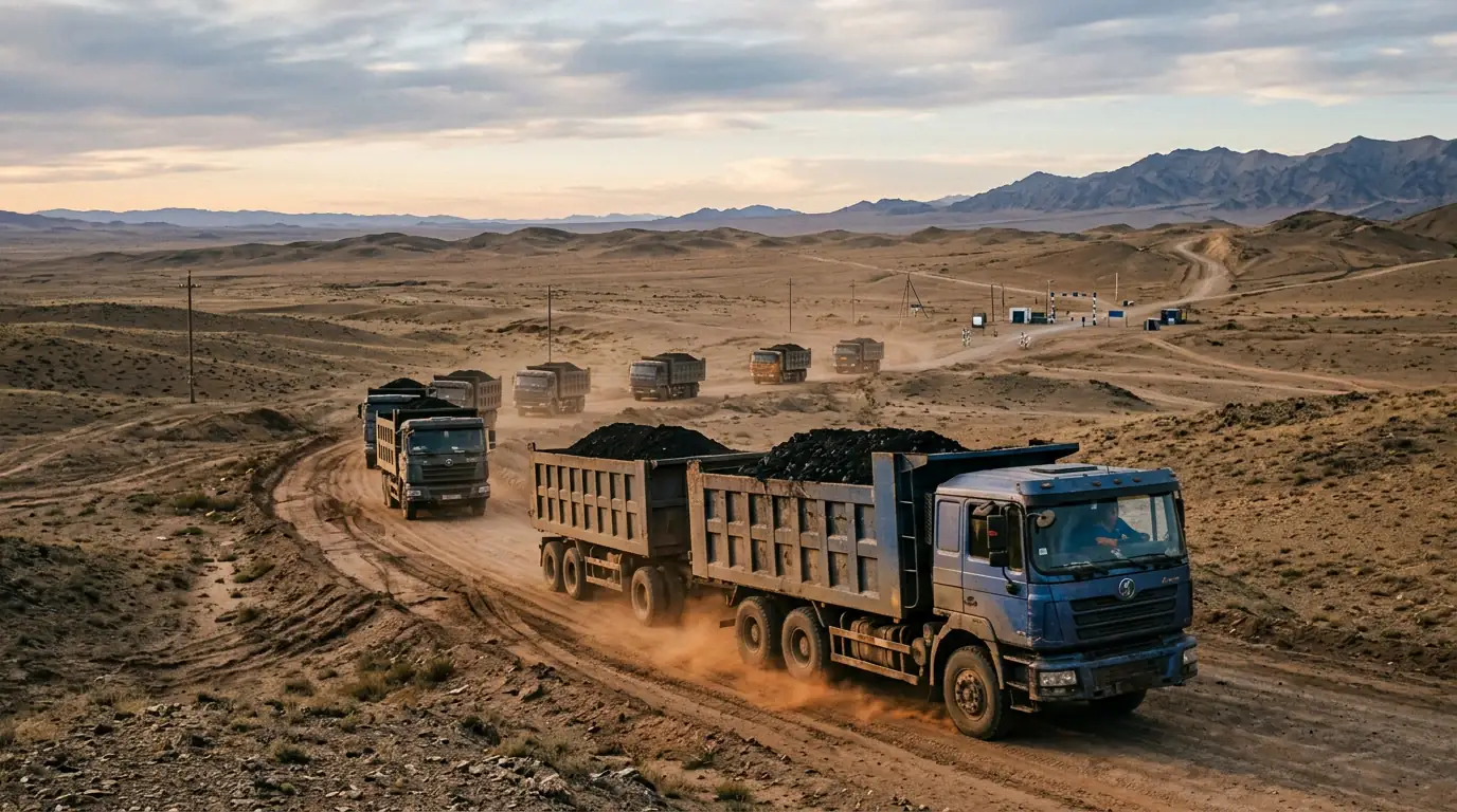 Convoi de camions chargés de charbon traversant le désert de Gobi vers la frontière chinoise, illustrant la dépendance minière mongole.