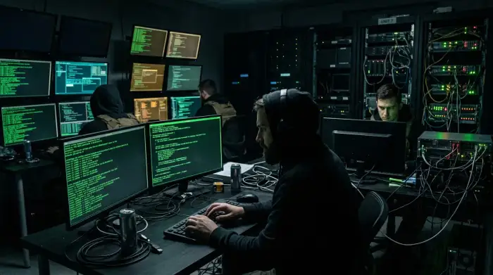 Salle de serveurs plongée dans l'obscurité, illuminée par des écrans affichant du code en vert, évoquant une opération de cyberguerre clandestine