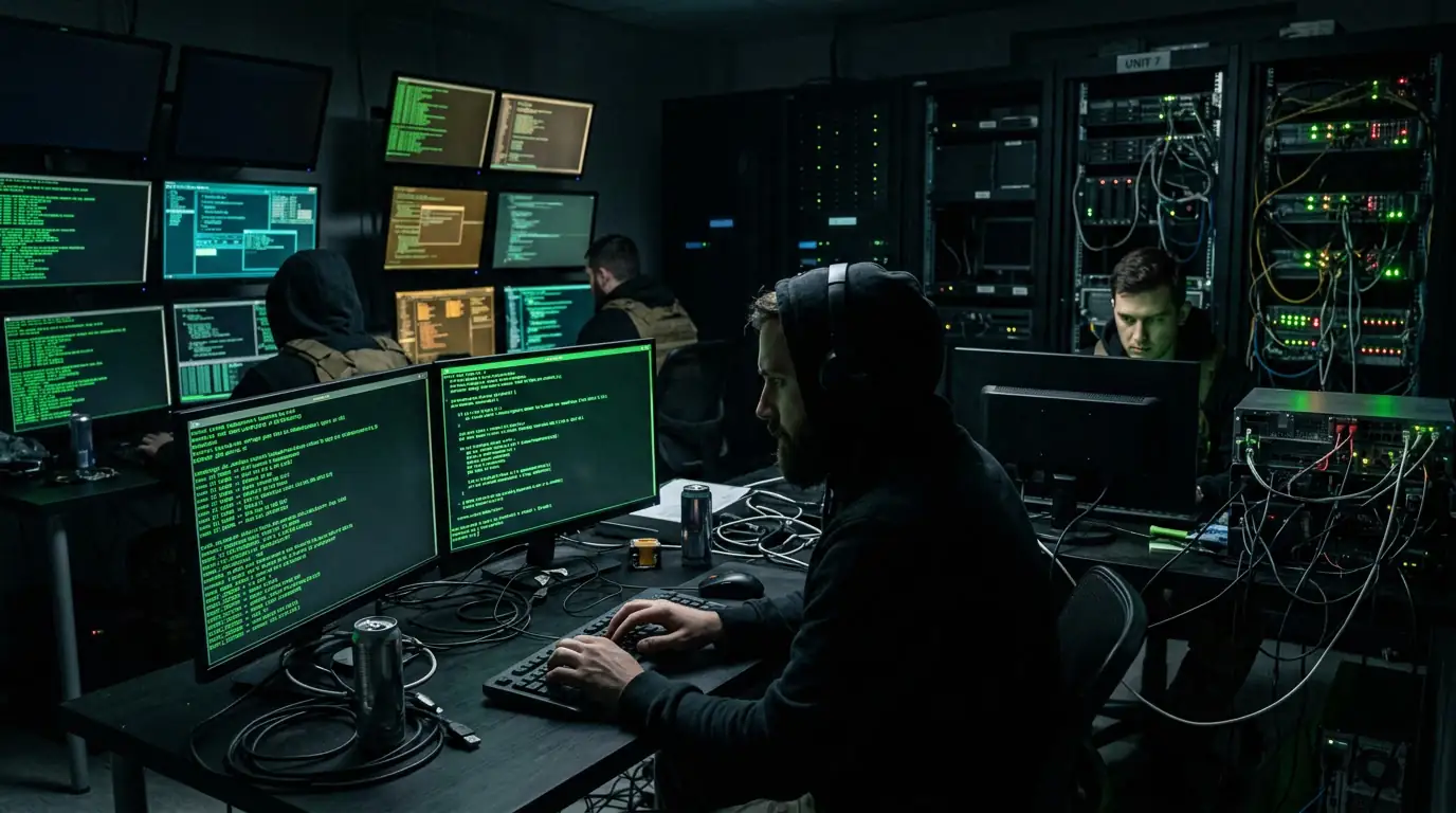 Salle de serveurs plongée dans l'obscurité, illuminée par des écrans affichant du code en vert, évoquant une opération de cyberguerre clandestine