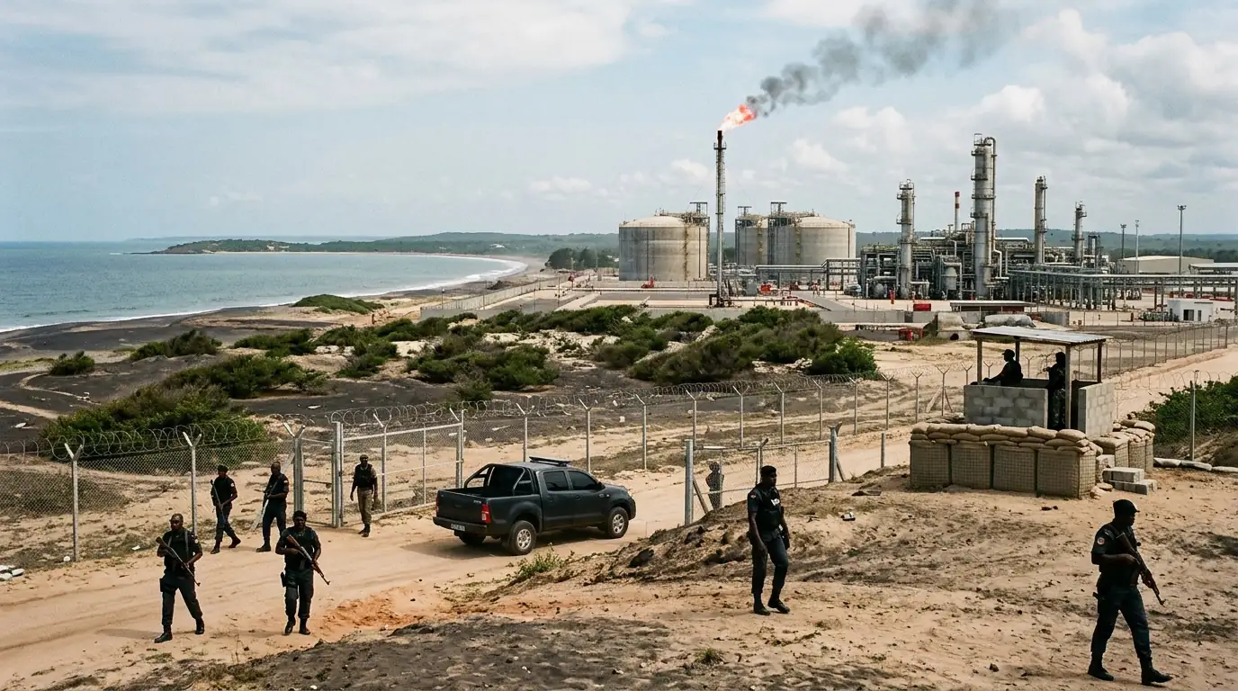 Torchère et installations de liquéfaction de gaz naturel sur la côte de Cabo Delgado, au nord du Mozambique, sous haute surveillance.