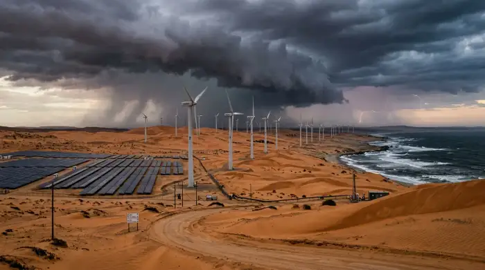 Éoliennes et panneaux solaires dans le désert côtier du Namib près de Lüderitz, sous un ciel d'orage, dunes ocre et océan Atlantique en arrière-plan.