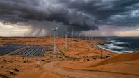 Éoliennes et panneaux solaires dans le désert côtier du Namib près de Lüderitz, sous un ciel d'orage, dunes ocre et océan Atlantique en arrière-plan.