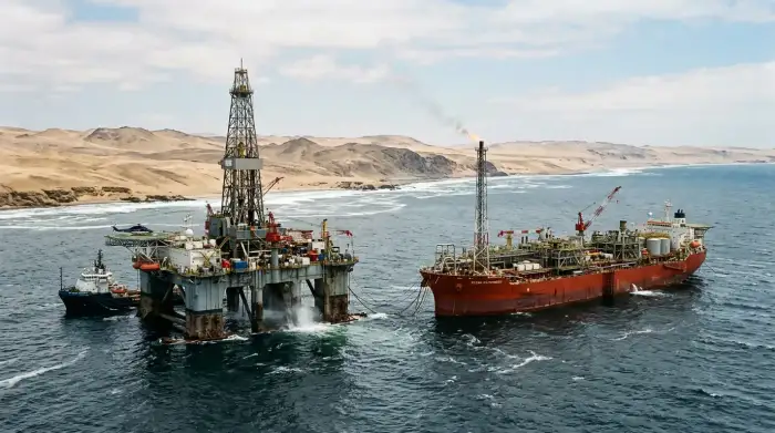 Plateforme de forage et navire de production en eaux profondes au large des côtes désertiques de la Namibie, océan Atlantique.