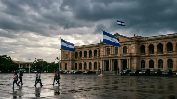 Vue du palais présidentiel de Managua sous ciel d'orage, drapeaux du Nicaragua, évoquant la pression diplomatique américaine.