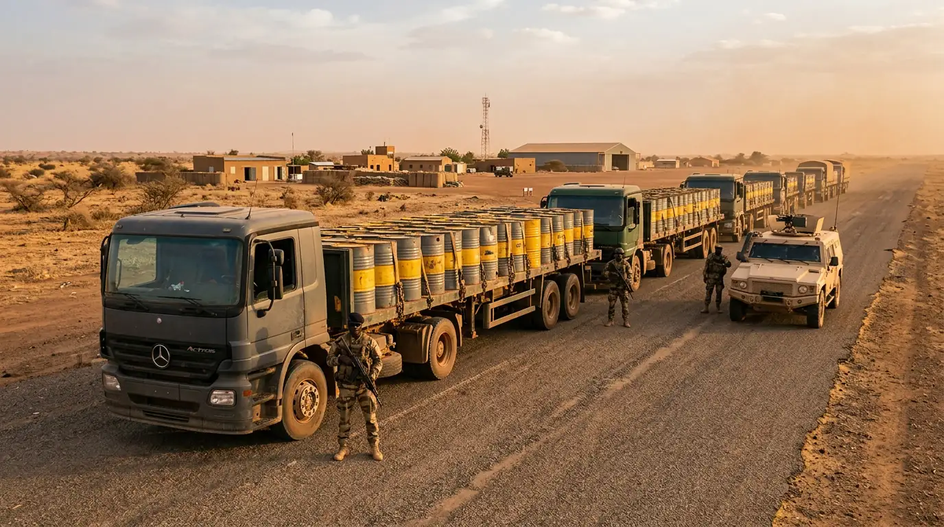 Convoi de camions chargés de fûts de concentré d'uranium à l'arrêt sur le tarmac d'une base aérienne sahélienne, sous escorte militaire, dans la lumière ocre du désert.
