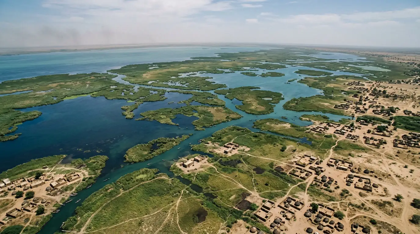 Vue aérienne du bassin du lac Tchad aux frontières du Nigeria, du Niger, du Tchad et du Cameroun, territoire de déploiement d'ISWAP.