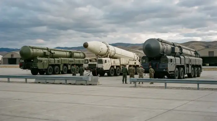 Missiles balistiques intercontinentaux des États-Unis, de la Russie et de la Chine alignés, symbolisant la course nucléaire à trois après New START