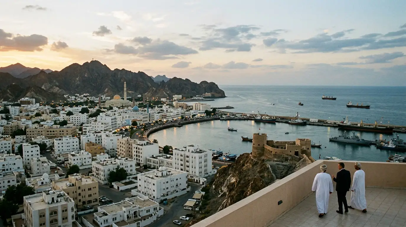 Vue de Mascate, capitale d'Oman, sur le golfe d'Oman, symbole de la médiation discrète entre l'Iran et les États-Unis.