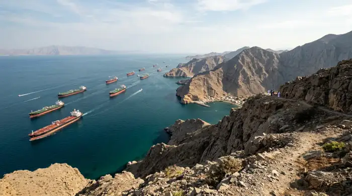 Vue de la péninsule omanaise de Musandam surplombant le détroit d'Ormuz et le trafic des pétroliers.