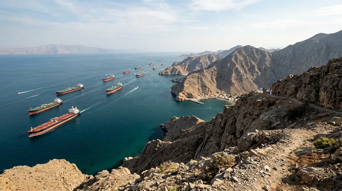 Vue de la péninsule omanaise de Musandam surplombant le détroit d'Ormuz et le trafic des pétroliers.