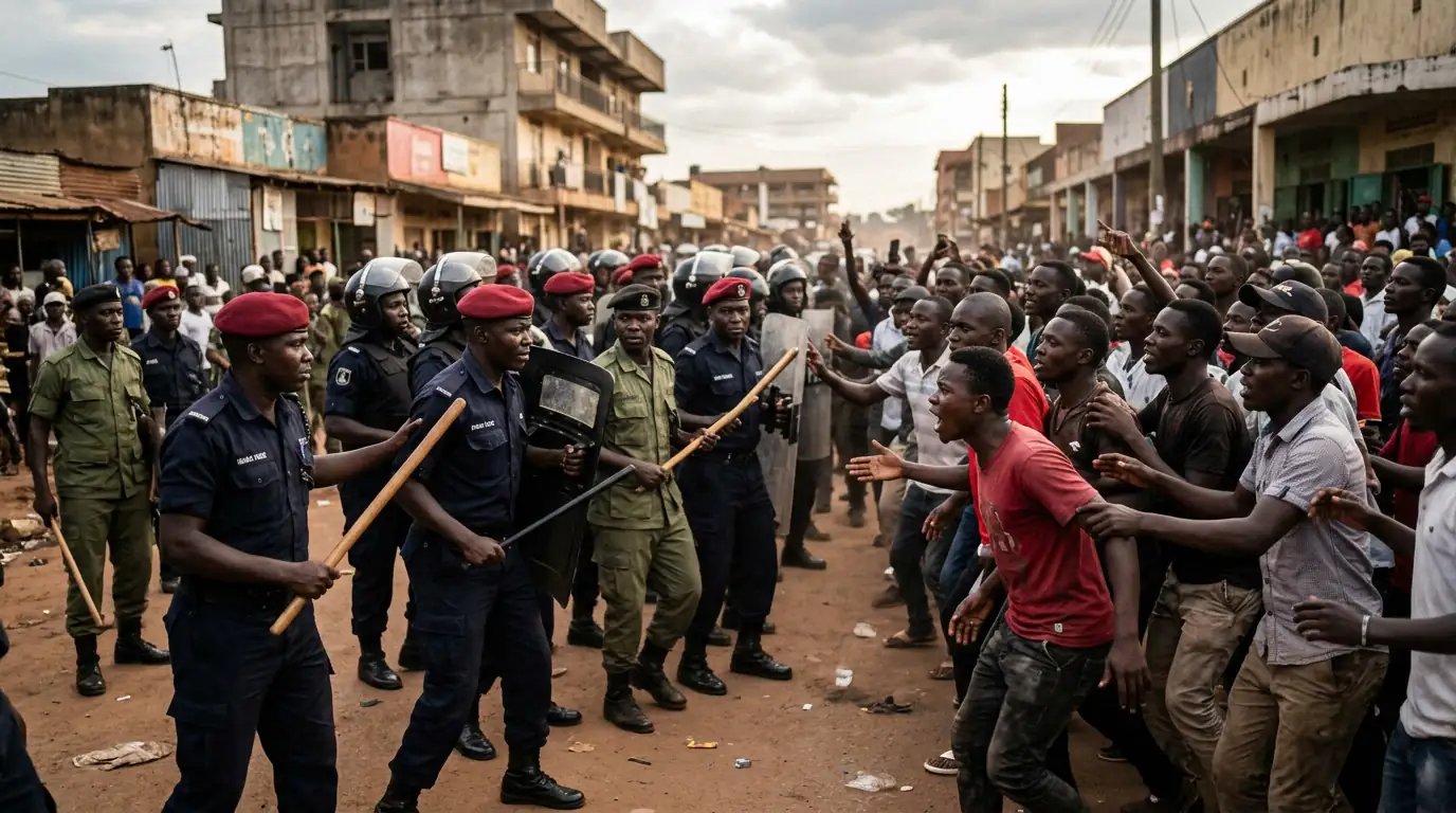 Manifestants de l'opposition face aux forces de sécurité ougandaises lors de la campagne présidentielle de 2026