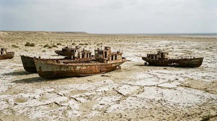 Bateaux de pêche rouillés échoués sur le fond asséché et salé de la mer d'Aral, près de Moïnak en Ouzbékistan.
