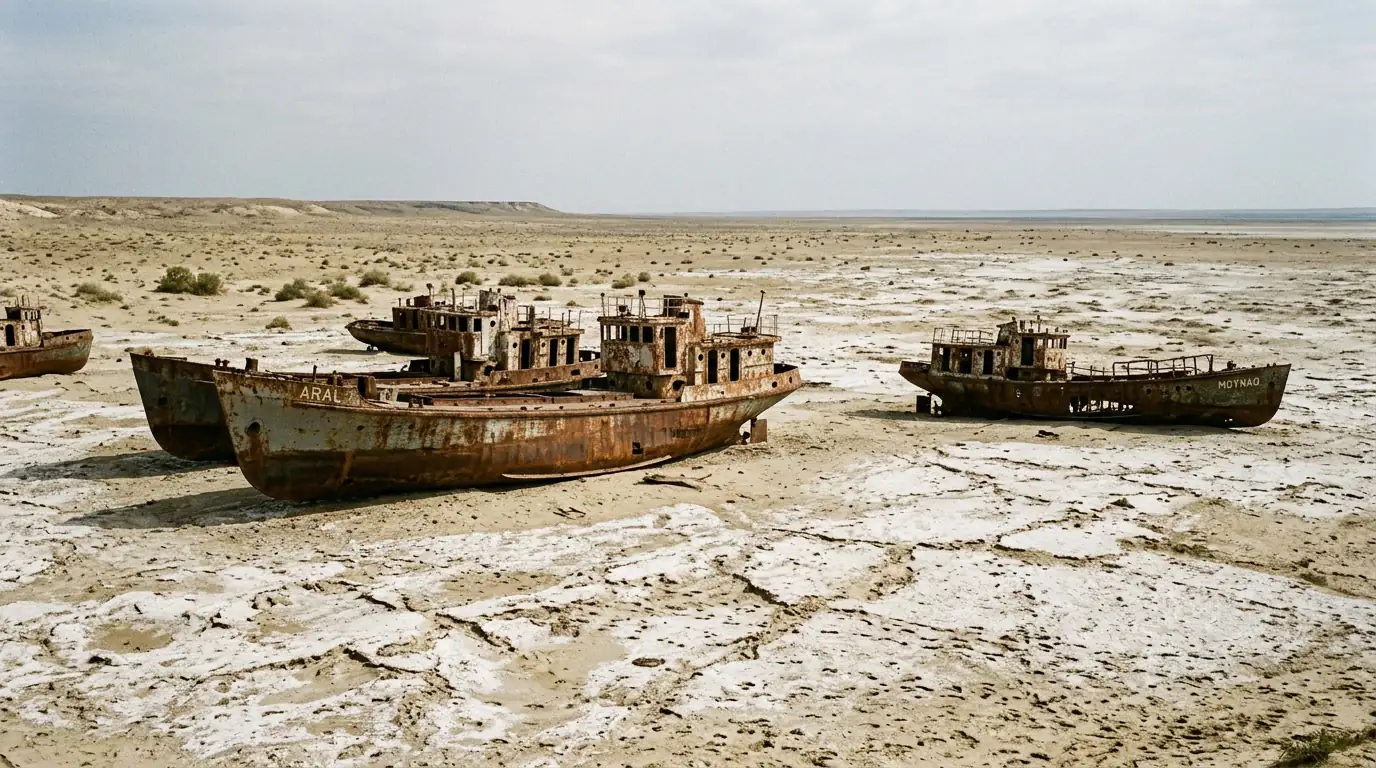 Bateaux de pêche rouillés échoués sur le fond asséché et salé de la mer d'Aral, près de Moïnak en Ouzbékistan.