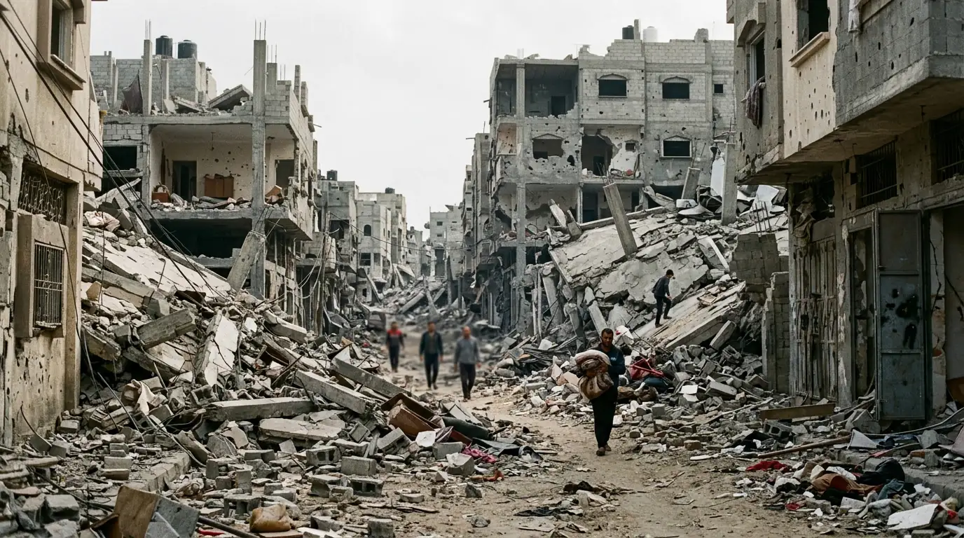 Vue d'un quartier de Gaza en ruines, immeubles effondrés et amas de gravats, avec des silhouettes de personnes circulant entre les décombres.