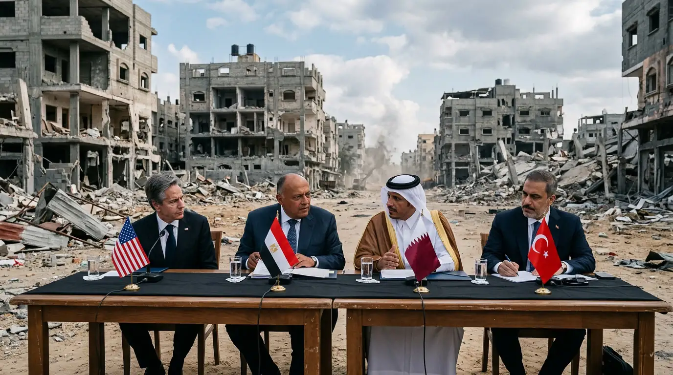 Une table de négociation avec les drapeaux des États-Unis, de l'Égypte, du Qatar et de la Turquie, sur fond de ruines de Gaza, symbolisant la médiation et le cessez-le-feu.