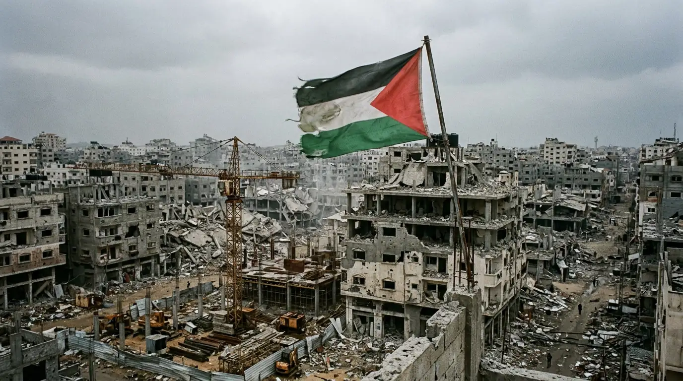 Drapeau palestinien usé flottant au-dessus d'un paysage urbain fracturé, entre ruines et chantiers à l'arrêt, sous un ciel gris.