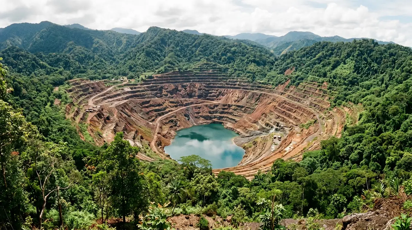 Vue de la mine à ciel ouvert de Panguna à Bougainville, immense cratère cuivré entouré de forêt tropicale.