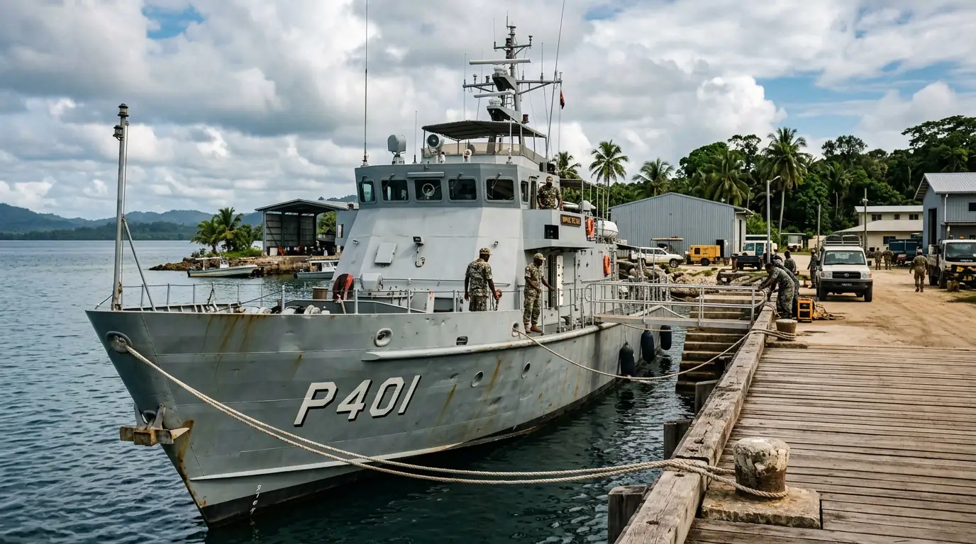 Patrouilleur militaire amarré à la base navale de Lombrum, sur l'île de Manus, en Papouasie-Nouvelle-Guinée.