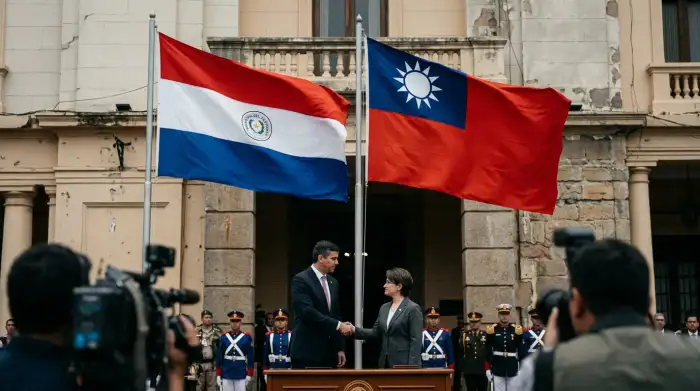 Drapeaux du Paraguay et de Taïwan côte à côte, symbole d'une alliance diplomatique isolée en Amérique du Sud.