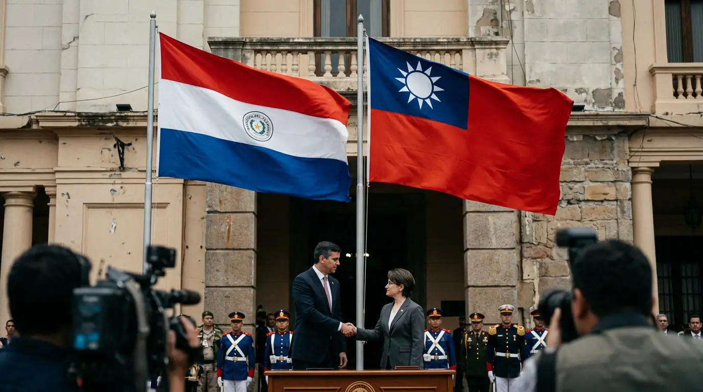 Drapeaux du Paraguay et de Taïwan côte à côte, symbole d'une alliance diplomatique isolée en Amérique du Sud.