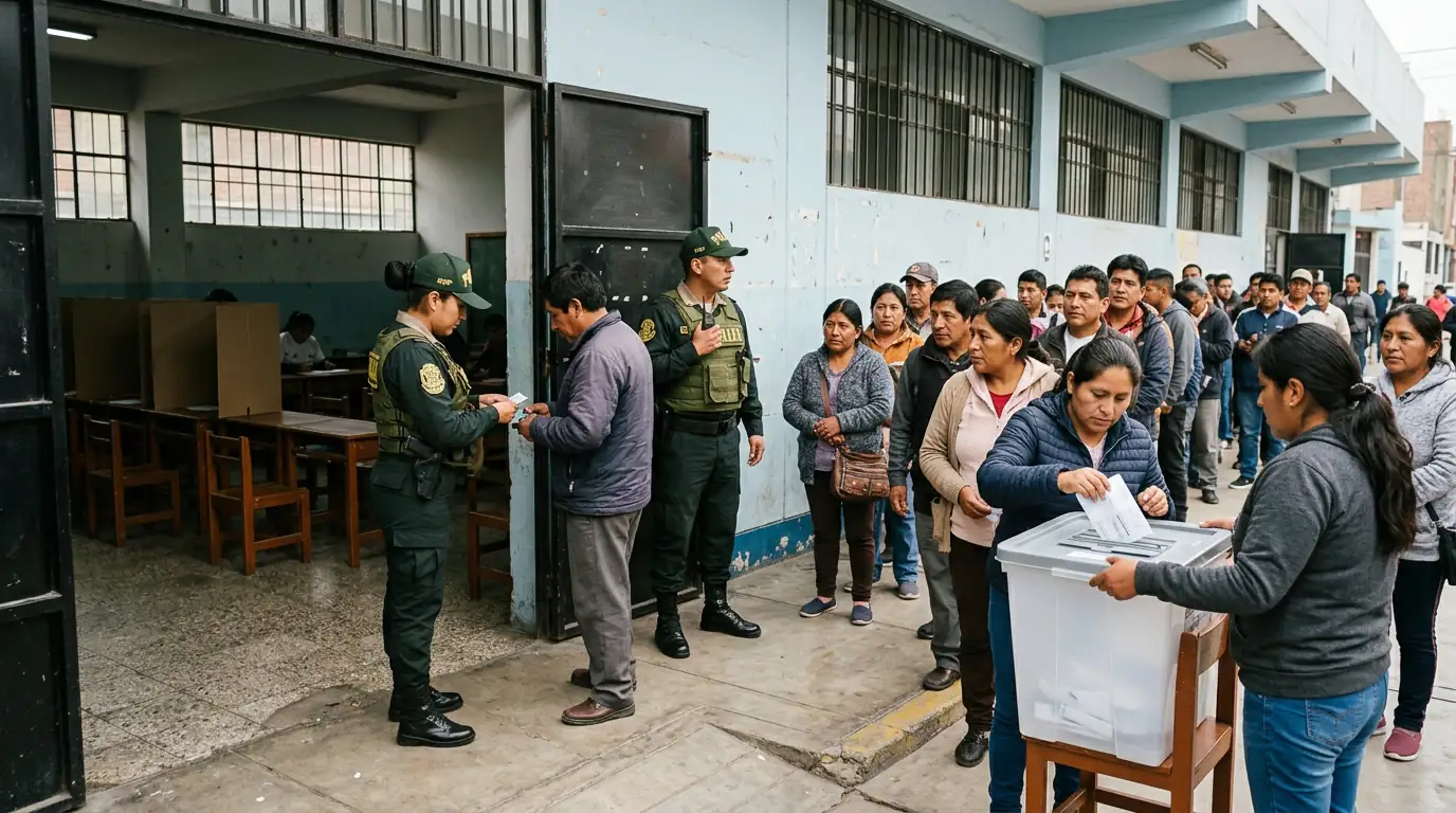 Bureau de vote péruvien gardé par des policiers à Lima lors des élections générales d'avril 2026.