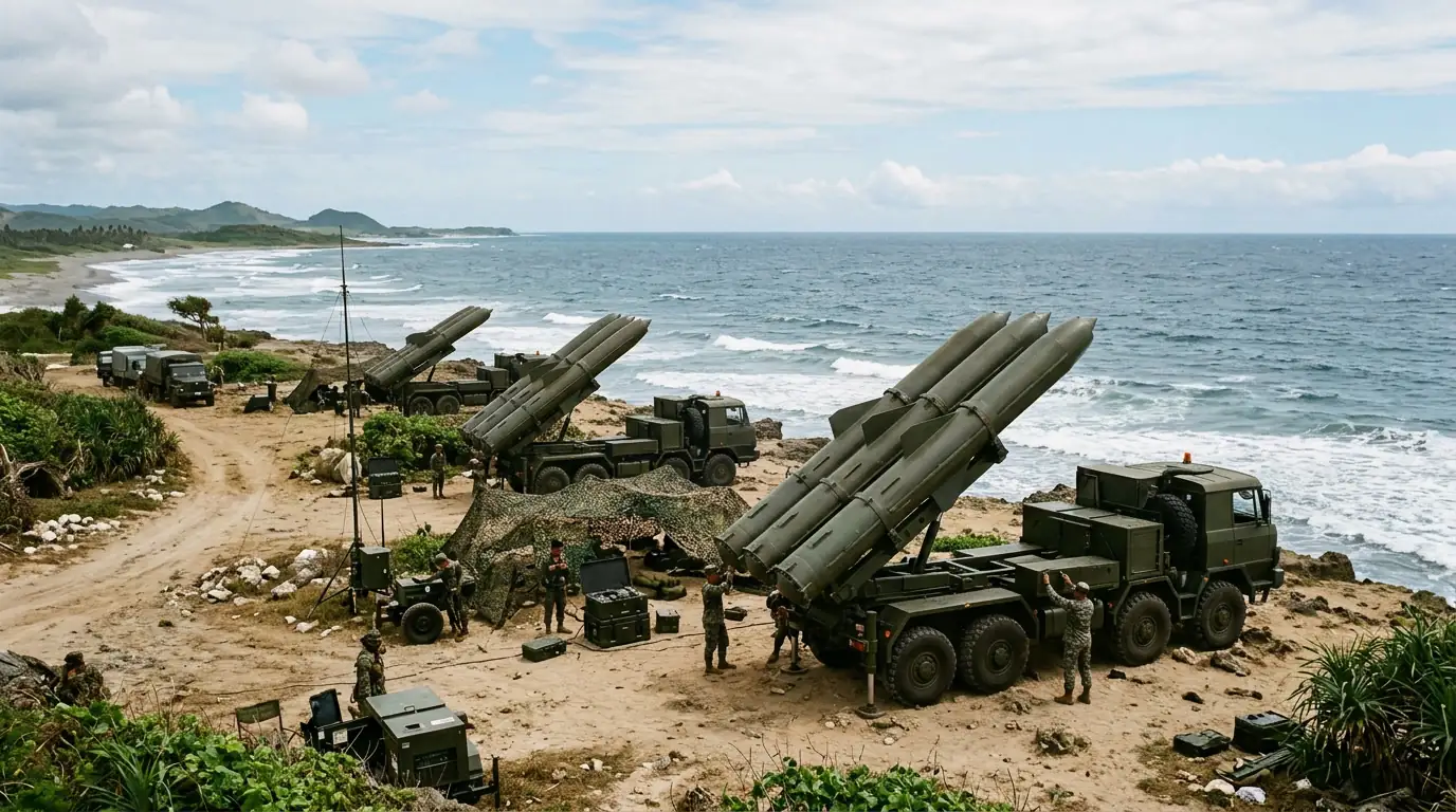 Batterie côtière de missiles BrahMos déployée sur la côte ouest de Luzon face à la mer de Chine méridionale, îles Philippines