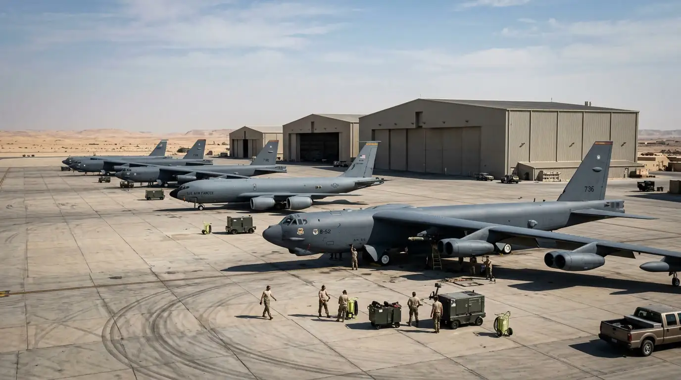 Vue d'avions militaires et de hangars sur la base aérienne d'Al-Udeid au Qatar, sous un ciel de désert.