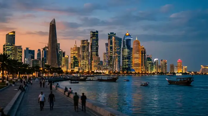 Vue de la ligne d'horizon de Doha au crépuscule, entre tours de verre et golfe Persique, symbole d'un petit État pris dans les rivalités régionales.