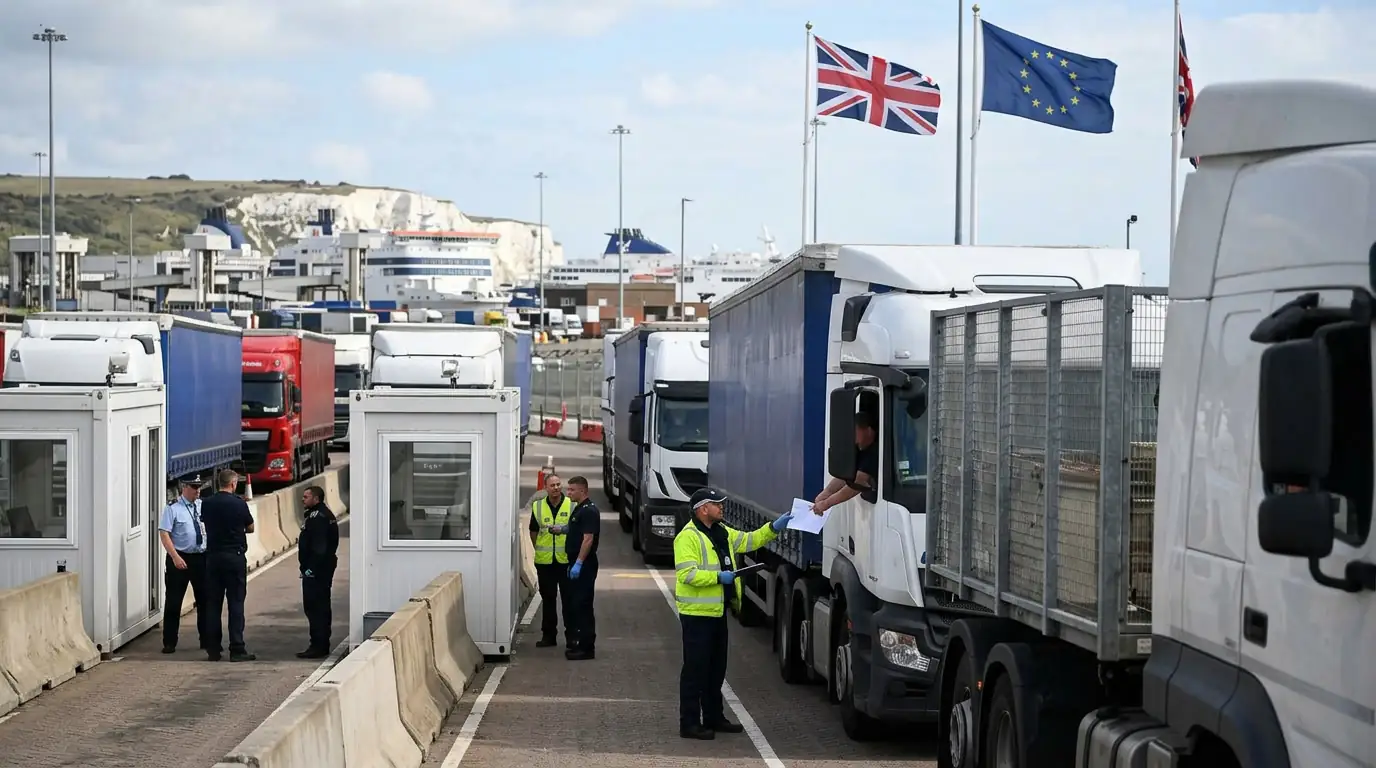 Le port de Douvres avec des camions à l'arrêt et des formalités douanières, sur fond de drapeaux britannique et européen, illustrant les frictions commerciales post-Brexit.