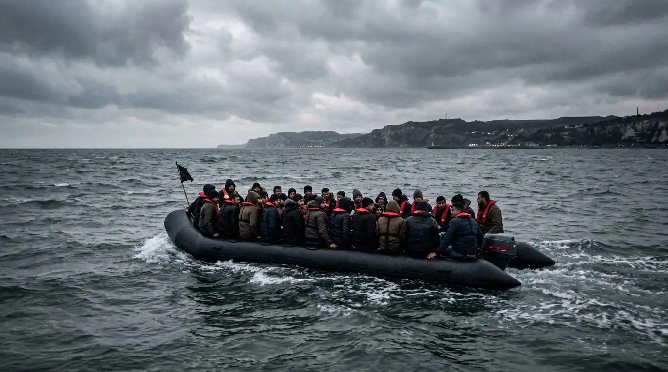 Une barque de migrants traverse la Manche au large des côtes anglaises, sous un ciel gris.