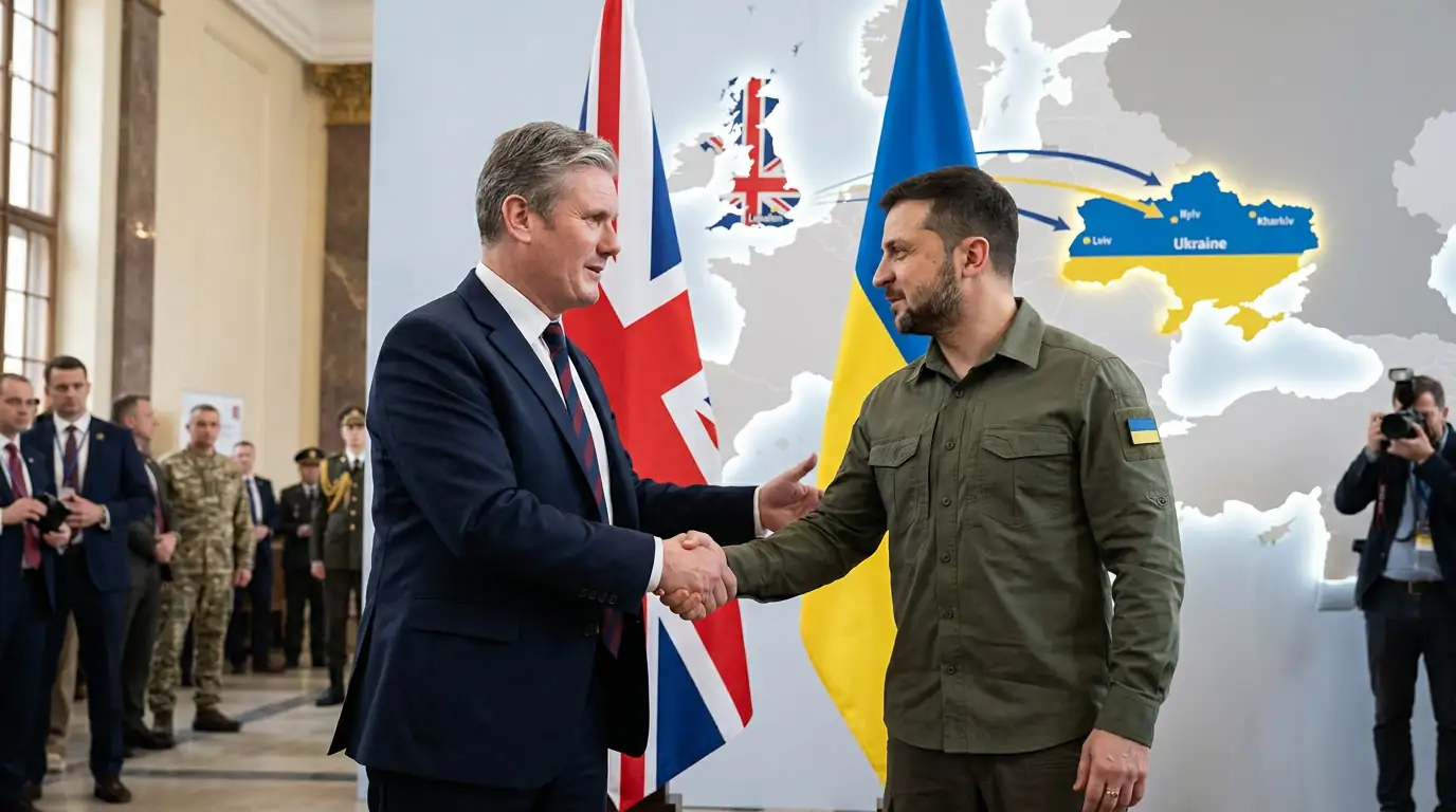 Keir Starmer et Volodymyr Zelensky se serrant la main devant les drapeaux britannique et ukrainien, sur fond de carte de l'Europe, symbole du soutien militaire de Londres à Kiev.