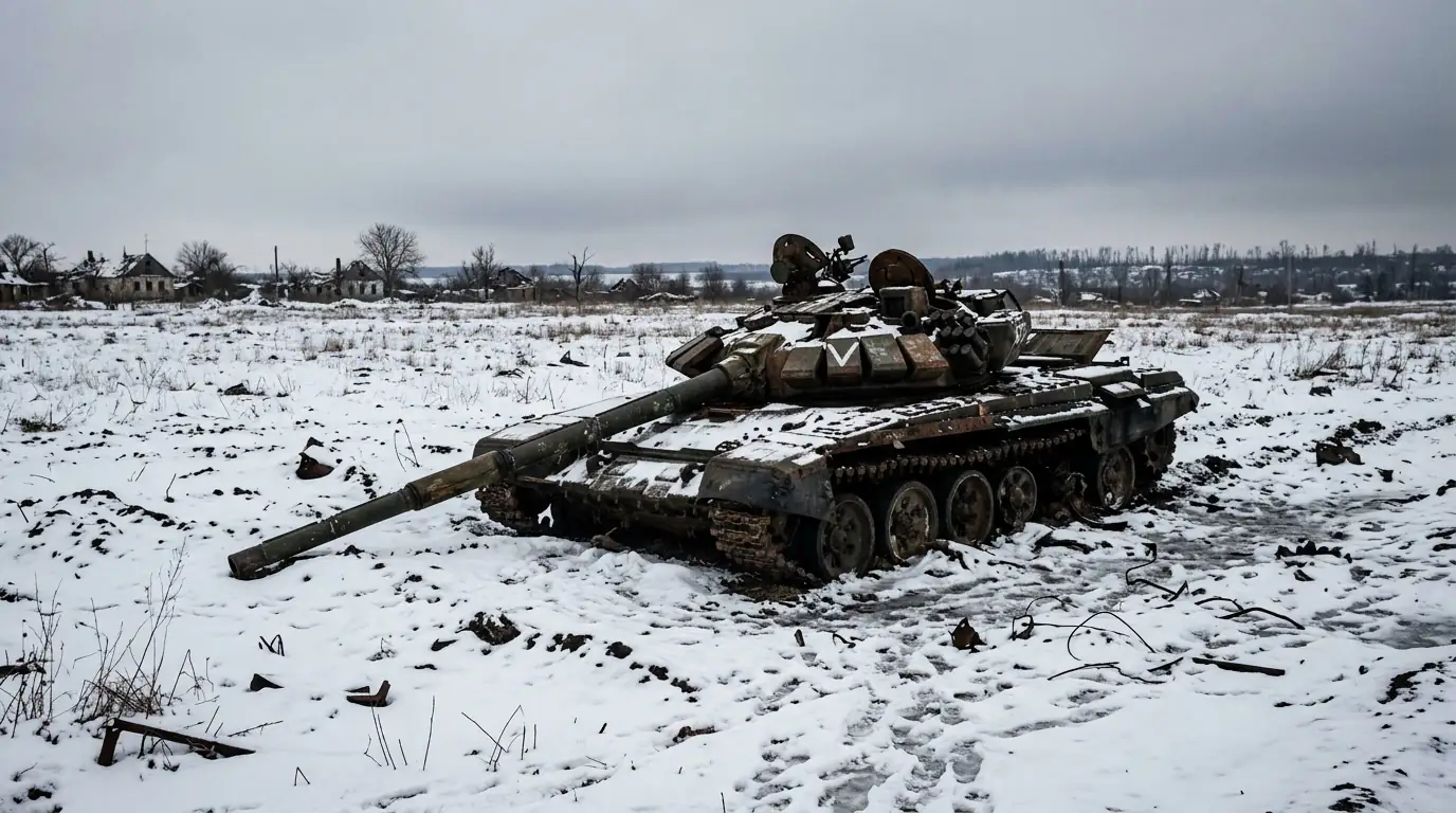 Char russe abandonné dans un champ ukrainien recouvert de neige, symbole du coût humain et matériel de la guerre