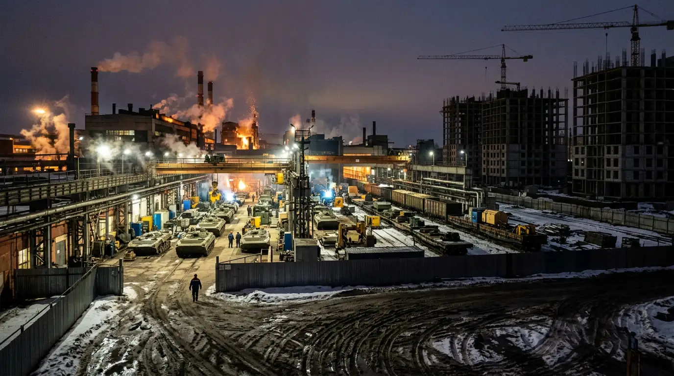 Usines d'armement russes en activité 24h/24, symbole de l'économie de guerre, avec en contraste des immeubles de construction civile à l'arrêt