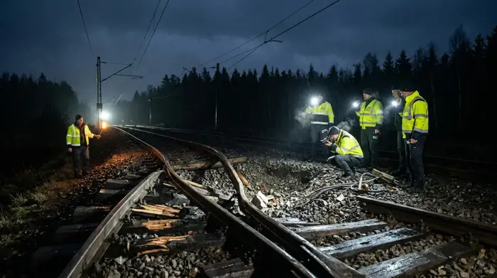 Voie ferrée européenne endommagée de nuit, symbole des sabotages d'infrastructure attribués aux réseaux russes