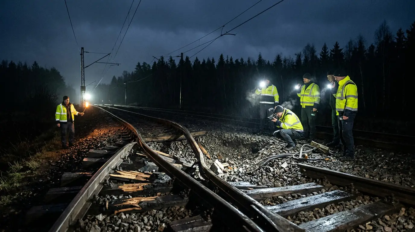 Voie ferrée européenne endommagée de nuit, symbole des sabotages d'infrastructure attribués aux réseaux russes
