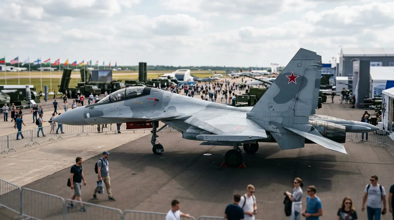 Avion de chasse russe Sukhoi exposé lors d'un salon international de l'armement