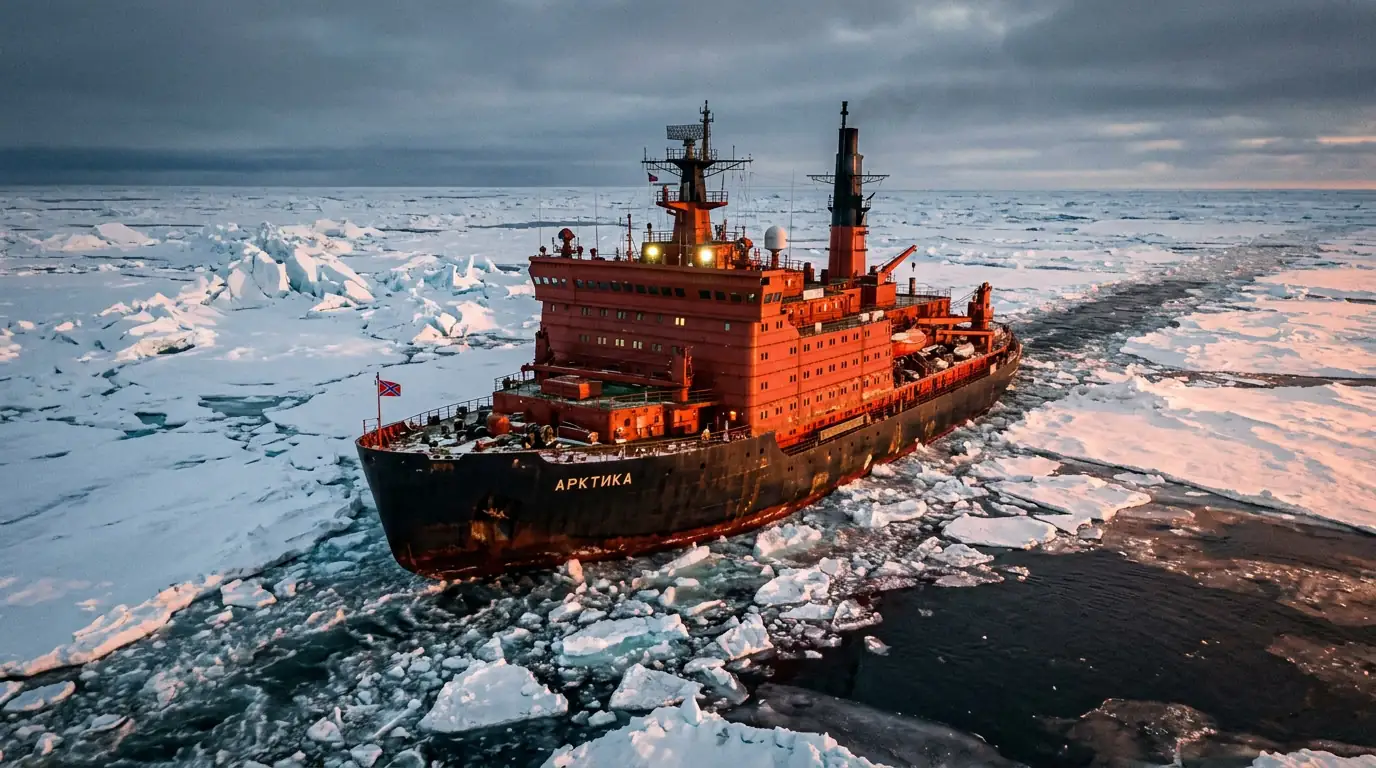 Brise-glace russe progressant dans la banquise arctique, symbole de la stratégie de Moscou sur la route maritime du Nord.