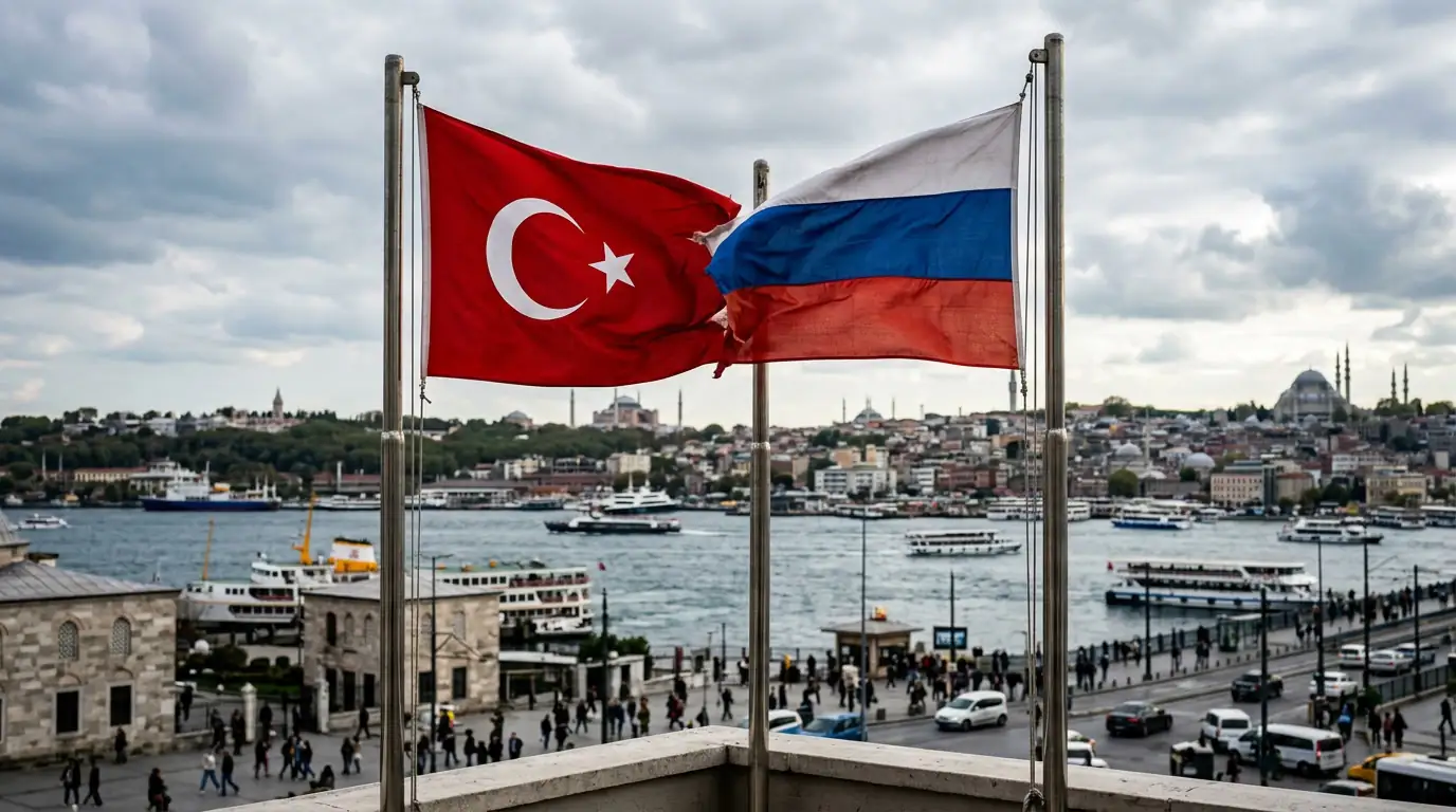 Drapeaux russe et turc côte à côte, illustrant une relation entre coopération et rivalité.