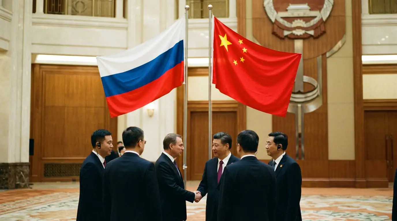 Drapeaux russe et chinois côte à côte lors d'une rencontre officielle, illustrant le partenariat stratégique entre Moscou et Pékin.
